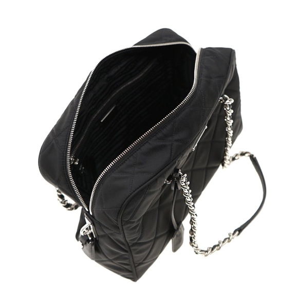 Prada Shoulder Bag Quilted Black Nylon With Chain And Leather Straps 1BB903 New - Picture 5 of 6
